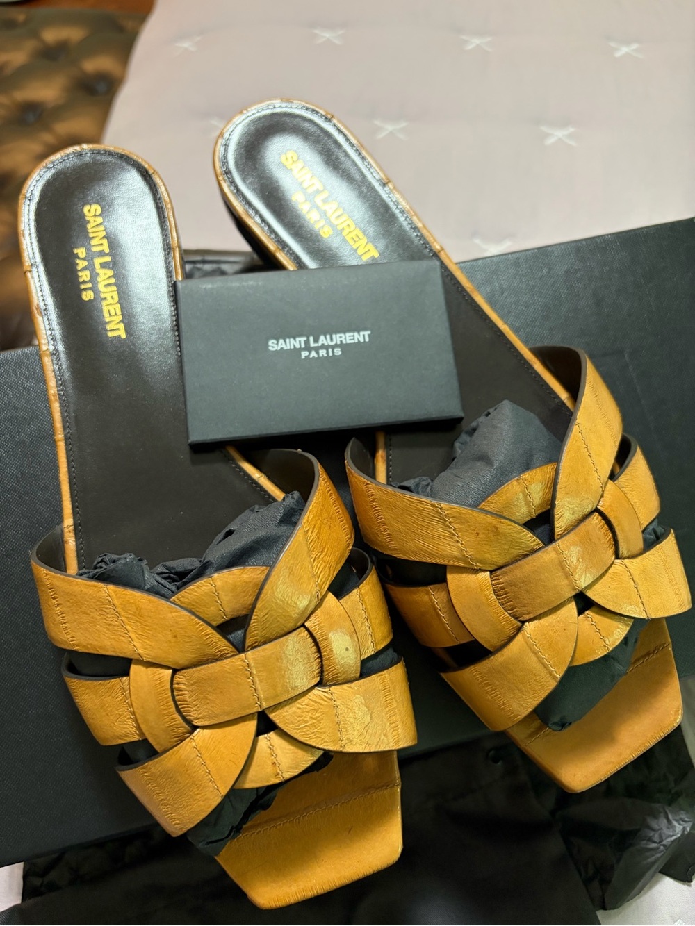 Saint Laurent Woven Slide Mules in Mustard